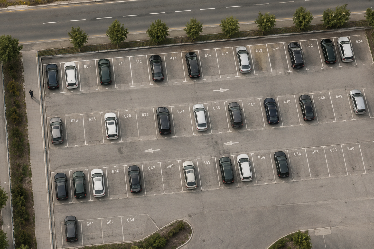 Vue aérienne d'un parking avec des voitures colorées